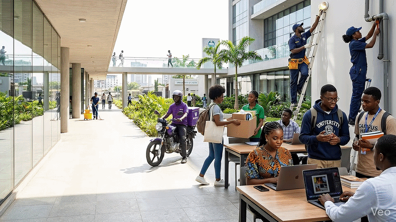 People working and studying on campus